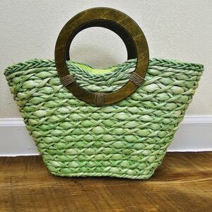 Woven Raffia Handbag with Wooden Handles Retro, Spring,